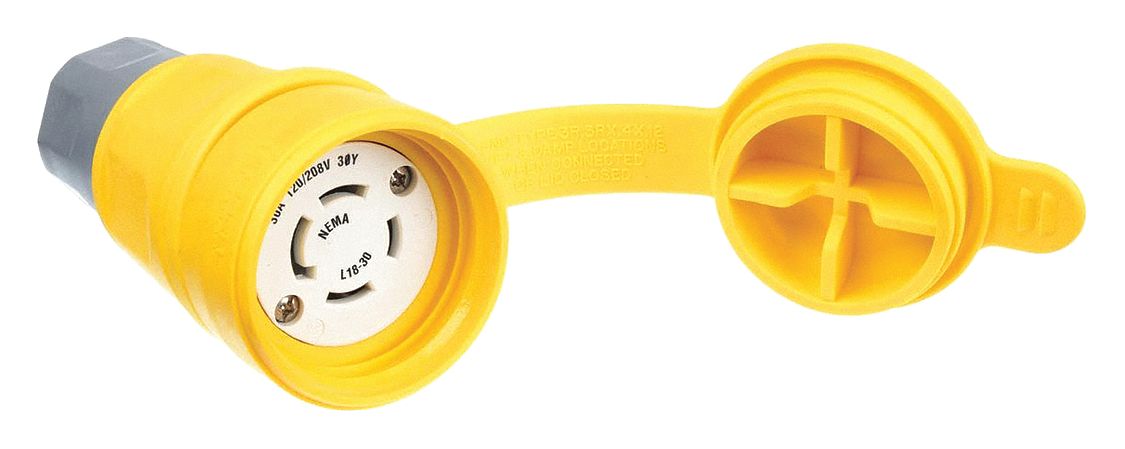 Watertight Locking Connector: L18-30R, 30 A, 120/208V AC, 4 Poles, Yellow, Shrouded