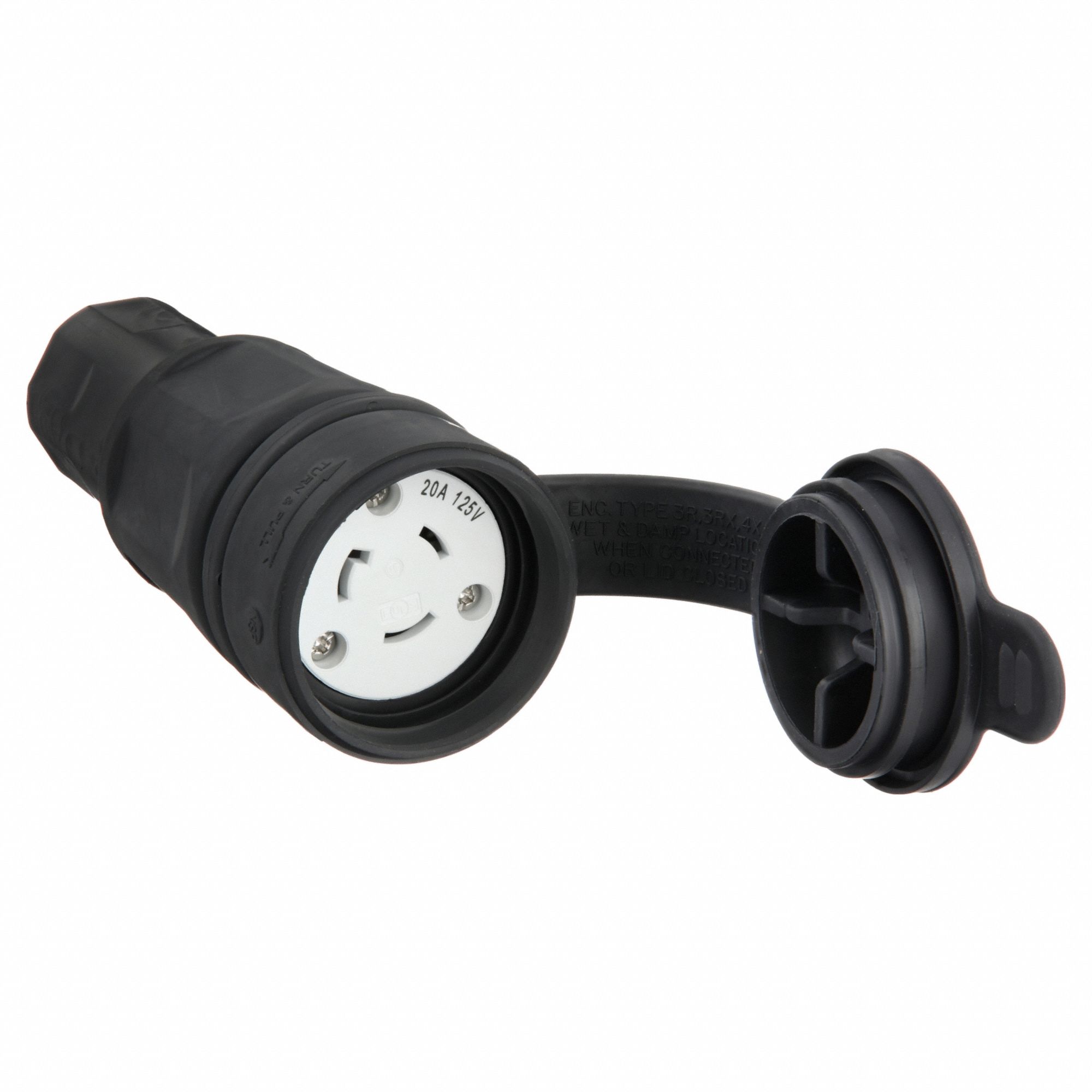 Watertight Locking Connector: L5-20R, 20 A, 125V AC, 2 Poles, Black, Shrouded