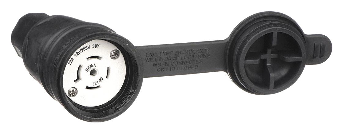 Watertight Locking Connector: L21-20R, 20 A, 120/208V AC, 4 Poles, Black, Shrouded