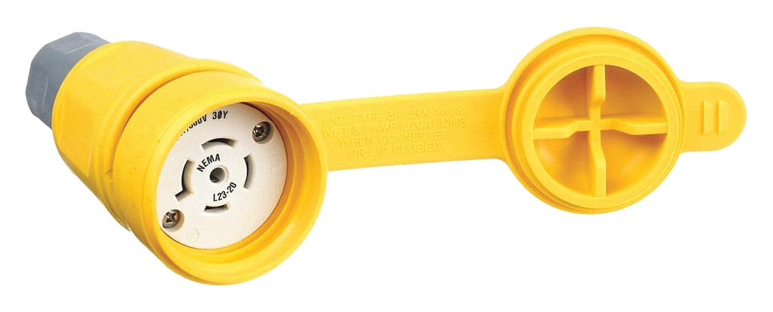 Watertight Locking Connector: L23-20R, 20 A, 347/600V AC, 4 Poles, Yellow, Shrouded
