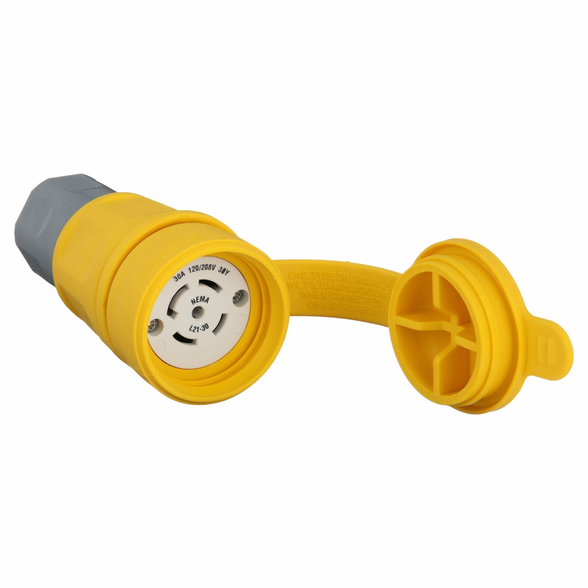 Watertight Locking Connector: L21-30R, 30 A, 120/208V AC, 4 Poles, Yellow, Shrouded