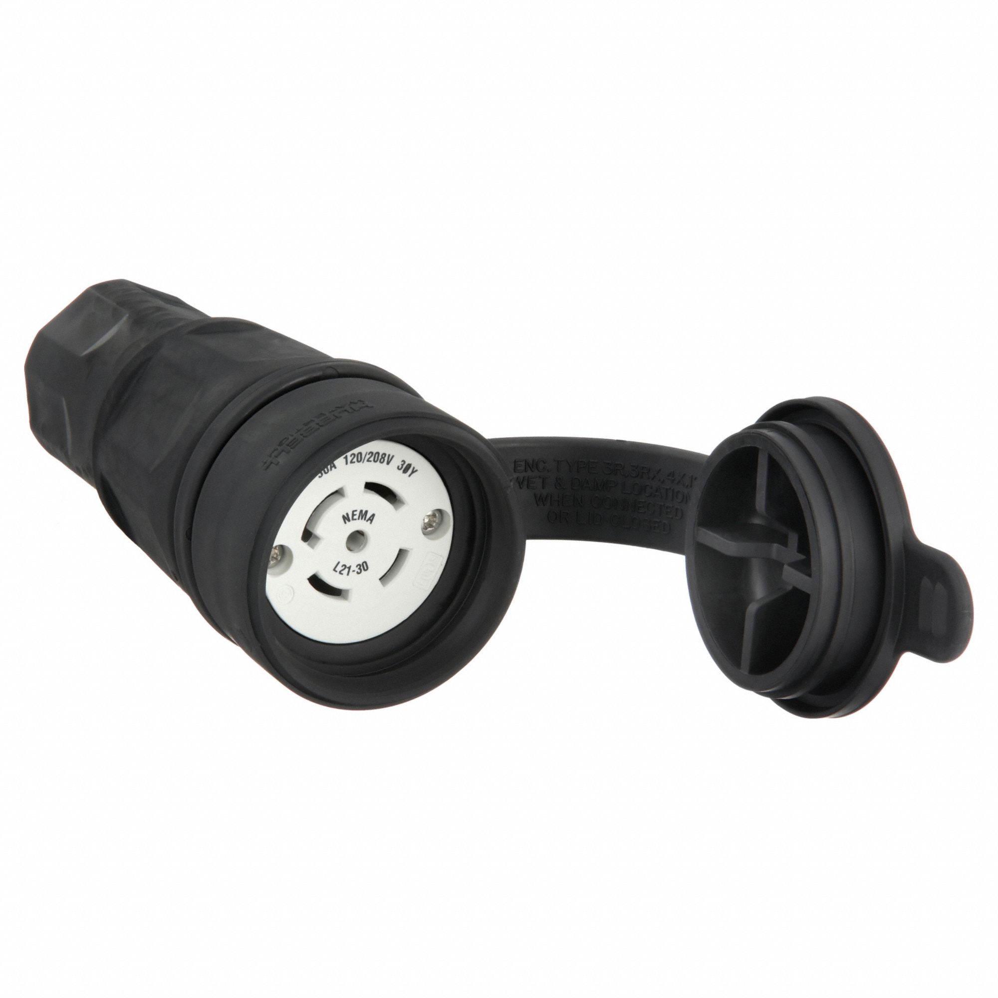 Watertight Locking Connector: L21-30R, 30 A, 120/208V AC, 4 Poles, Black, Shrouded