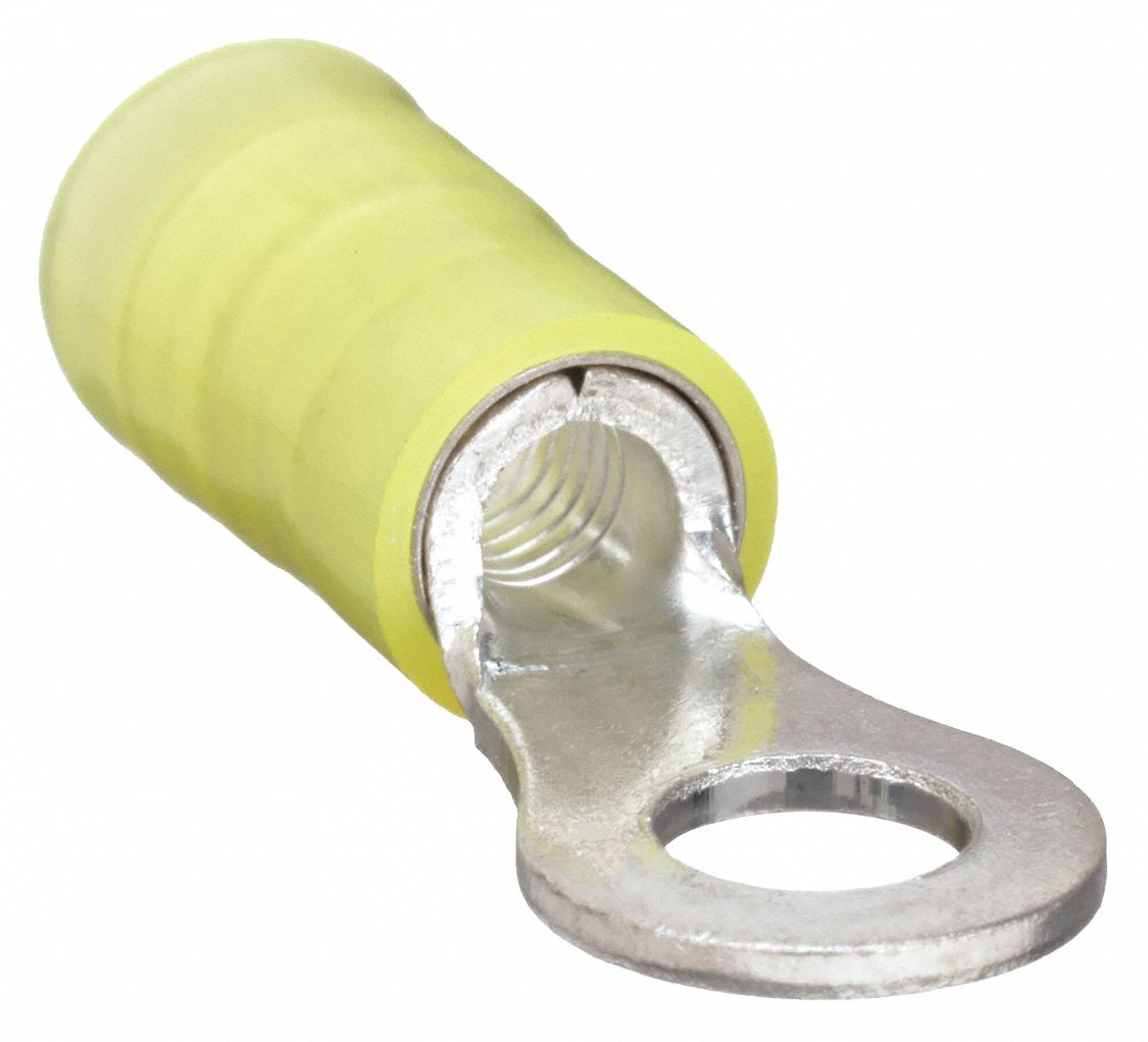 RING TERMINAL, NYLON, YELLOW, ⅜ IN STUD SIZE, 12 AWG TO 10 AWG WIRE SIZE RANGE, 50 PK