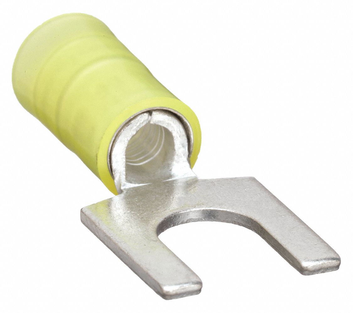 FORK TERMINAL, YELLOW, NYLON, ¼ IN STUD SIZE, 50 PK