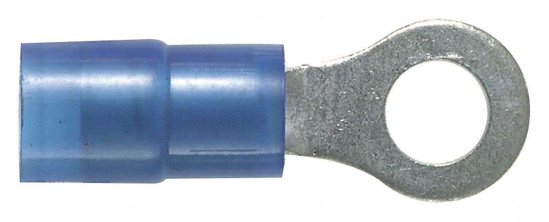 RING TERMINAL, NYLON, BLUE, #8 STUD SIZE, 18 AWG TO 14 AWG WIRE SIZE RANGE, 1,000 PK