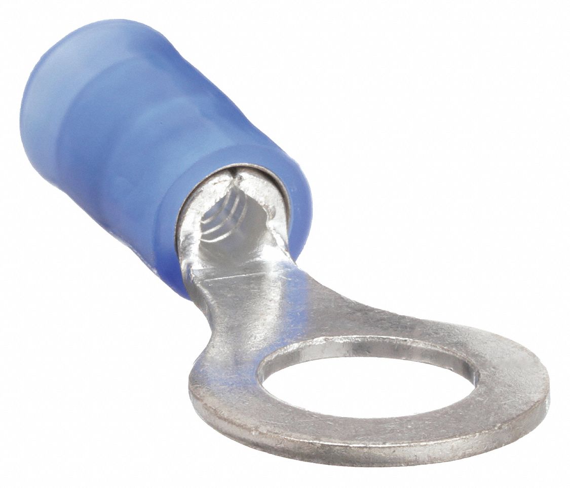 RING TERMINAL, NYLON, BLUE, ¼ IN STUD SIZE, 18 AWG TO 14 AWG WIRE SIZE RANGE, 100 PK