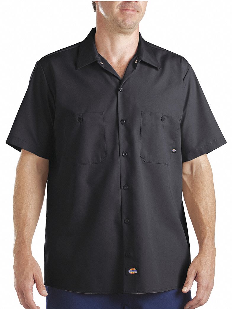 DICKIES Black Short Sleeve Industrial Work Shirt, 2XL, Polyester/Cotton ...