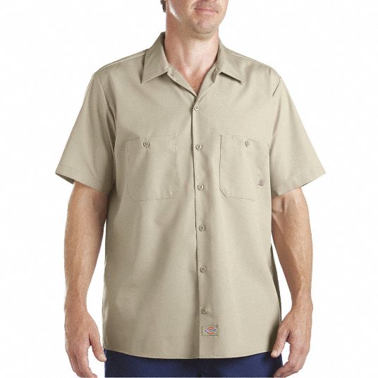 DICKIES Khaki Short Sleeve Industrial Work Shirt, L, Polyester/Cotton ...