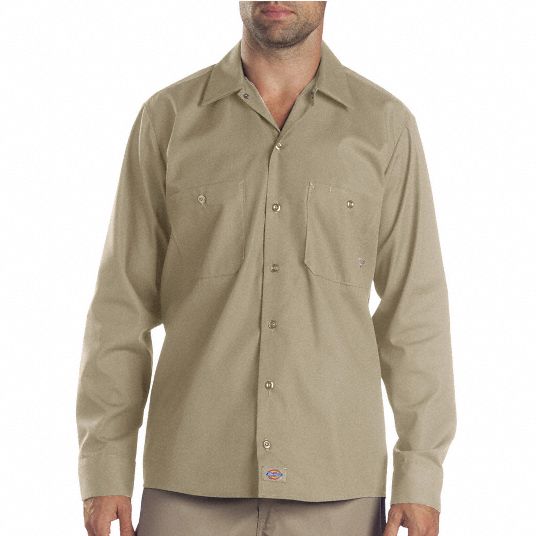 DICKIES Khaki Long Sleeve Industrial Work Shirt, L, Polyester/Cotton ...