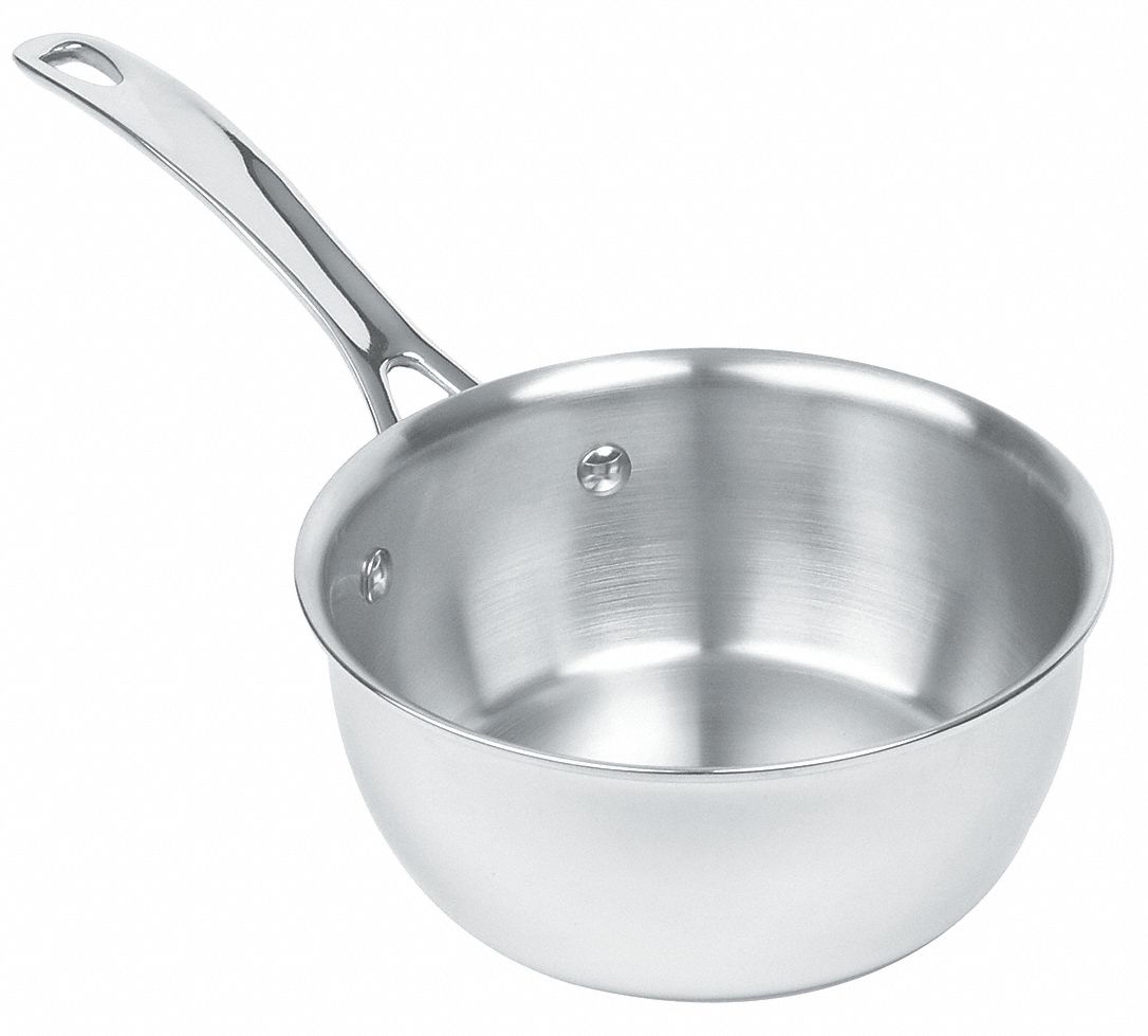 Sauteuse pan: 1 qt Capacity, Stainless Steel, Riveted, Silver, Stainless Steel Handle