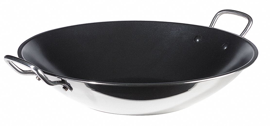 Non Stick Wok: 4 1/4 qt Capacity, 13 3/4 in Overall Lg, 13 3/4 in Overall Wd
