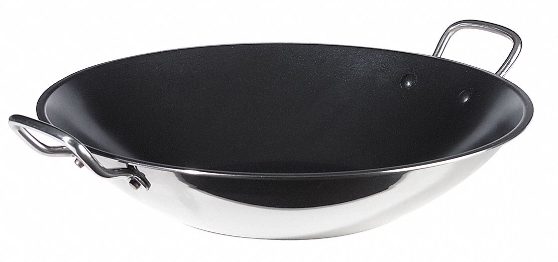Wok Pan: Non-Stick, 13 3/4 in Top Dia, Stainless Steel, Silver, Stainless Steel, Quan Tanium