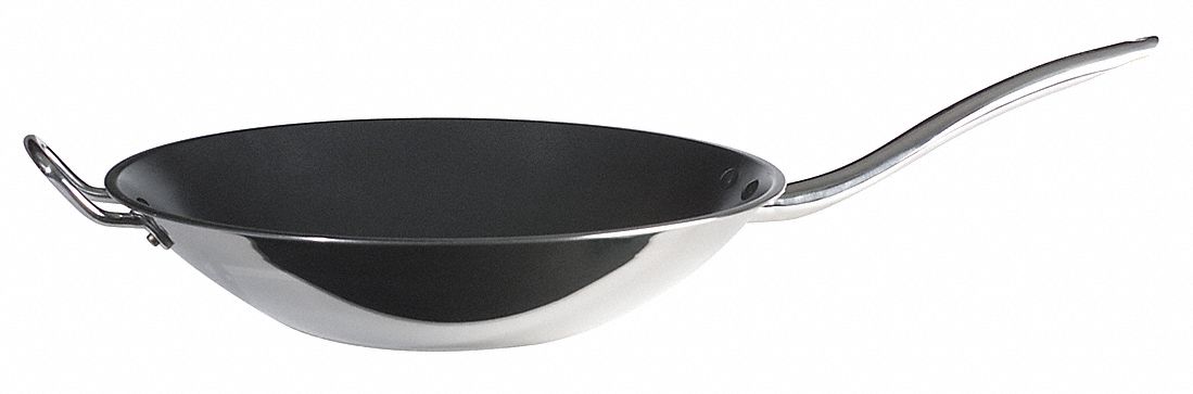 Non Stick Wok: 4 qt Capacity, 19 3/4 in Overall Lg, 19 3/4 in Overall Wd, 3 in Overall Ht