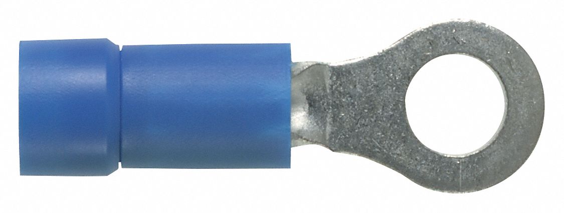 Ring Terminal: Blue, Vinyl Insulation, #6 Stud Size, 16 AWG to 14 AWG Wire Sizes, 600 V