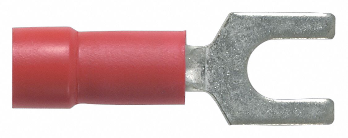 Fork Terminals: Red, Vinyl, #8 Stud Size, 22 AWG – 16 AWG Wire Range, Std Fork, 600 V