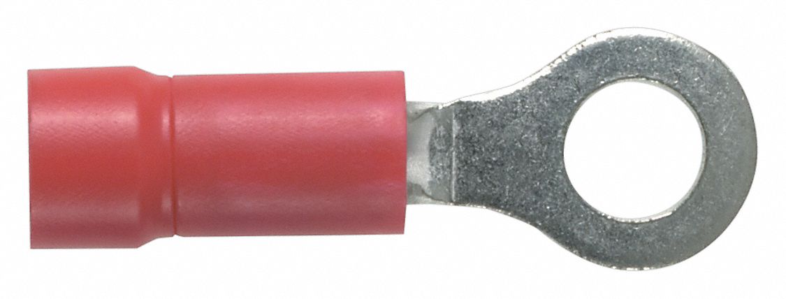 Ring Terminal: Red, Vinyl Insulation, #6 Stud Size, 22 AWG to 16 AWG Wire Sizes, 600 V