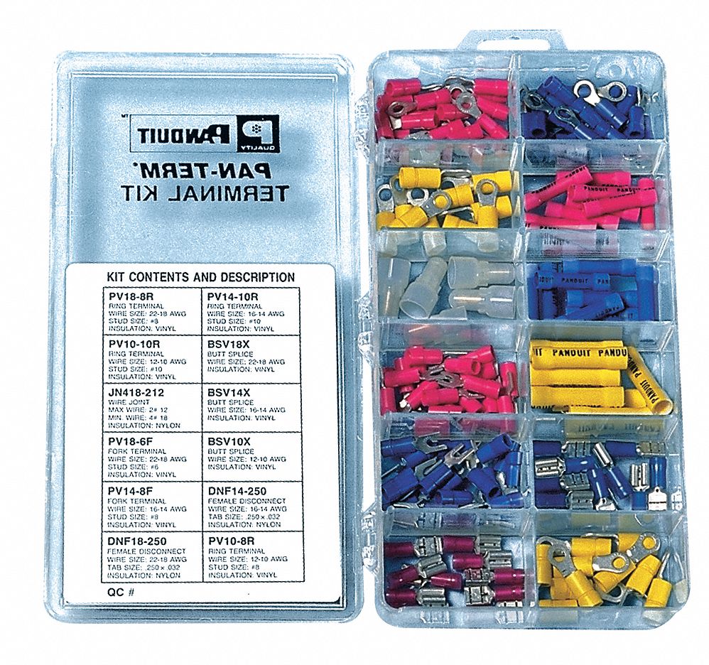Wire Terminal Kit, Terminal Type: Assortment, Number of Pieces: 160, Number  of Sizes: 12