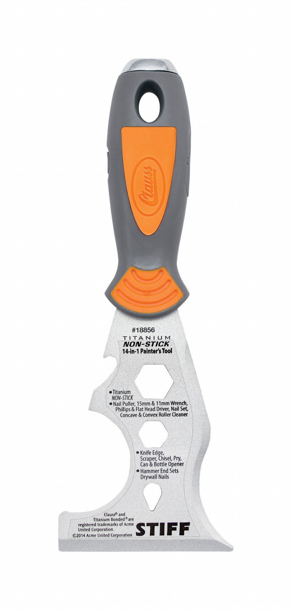 Painters Tool: 3 in Blade Wd, Titanium, 4 1/8 in Blade Lg, 14-in-1, ABS/TPR, Gray/Orange