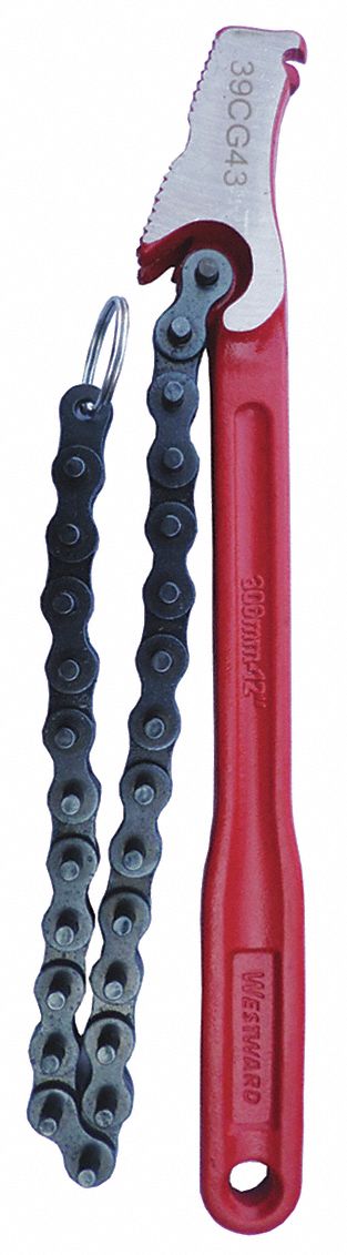 CHAIN WRENCH, NATURAL, FOR 4 IN OUTSIDE DIA, 16 IN CHAIN L, 12 IN HANDLE L, ALLOY STEEL