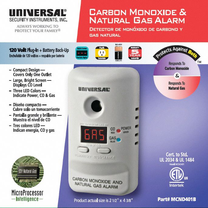 UNIVERSAL SECURITY INSTRUMENTS 6 1/2 in Carbon Monoxide Alarm with 85
