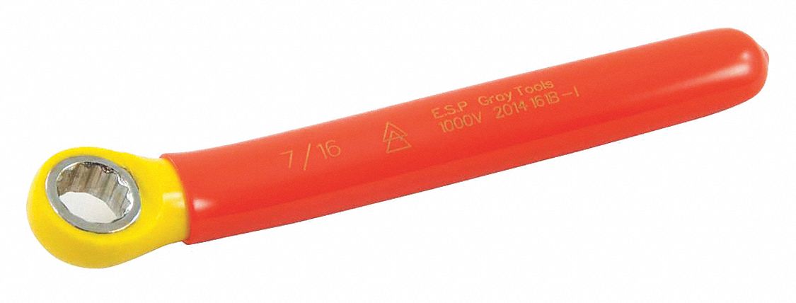 BOX END WRENCH, INSULATED, 2 LAYERS, ORNG/YLW, HEAD SZ 0.89, OVERALL LENGTH 5 1/2 IN, FORGED STEEL