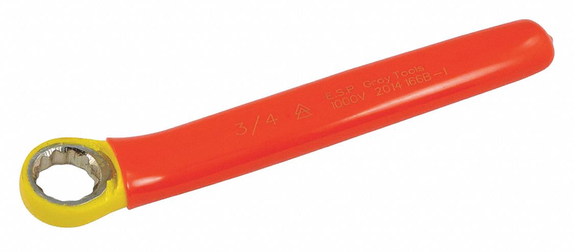 BOX END WRENCH, INSULATED, 2 LAYERS, ORNG/YLW, HEAD SZ 1.29, OVERALL LENGTH 8 IN, FORGED STEEL