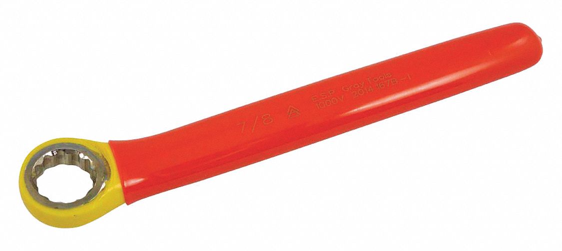 BOX END WRENCH, INSULATED, 2 LAYERS, ORNG/YLW, HEAD SZ 1.56, OVERALL LENGTH 9 1/2 IN, FORGED STEEL