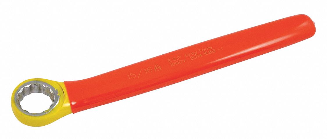 BOX END WRENCH, INSULATED, 2 LAYERS, ORNG/YLW, HEAD SZ 1.58, OVERALL LENGTH 10 1/4 IN, FORGED STEEL