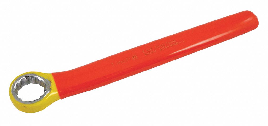 BOX END WRENCH, INSULATED, 2 LAYERS, ORNG/YLW, HEAD SZ 1.68, OVERALL LENGTH 11 IN, FORGED STEEL