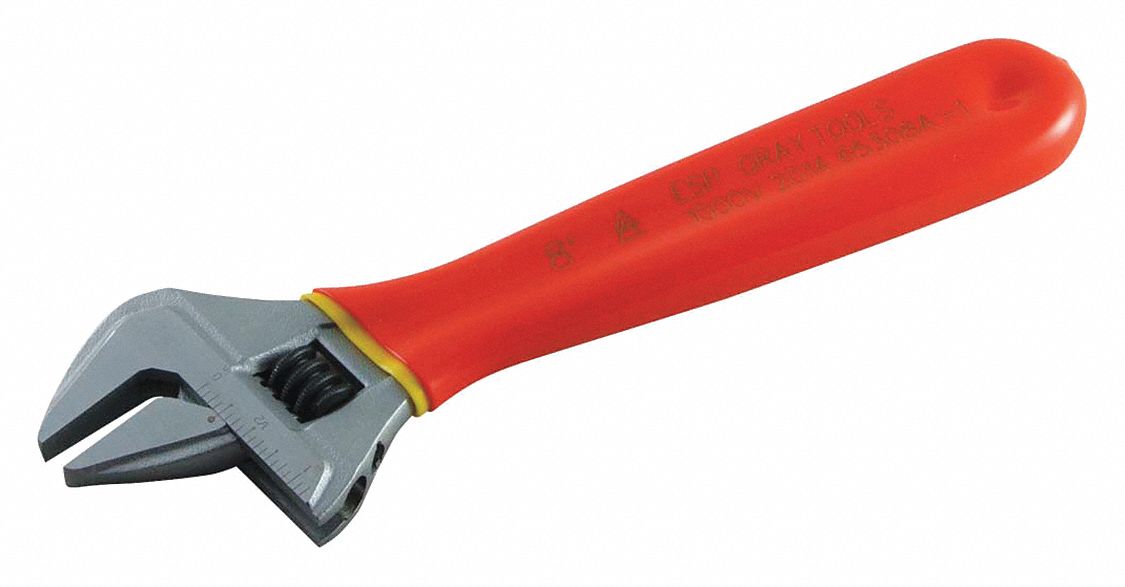 ADJUSTABLE WRENCH, INSULATED/MATTE FINISH, 1 5/64 IN JAW, 8 IN L, FORGED STEEL