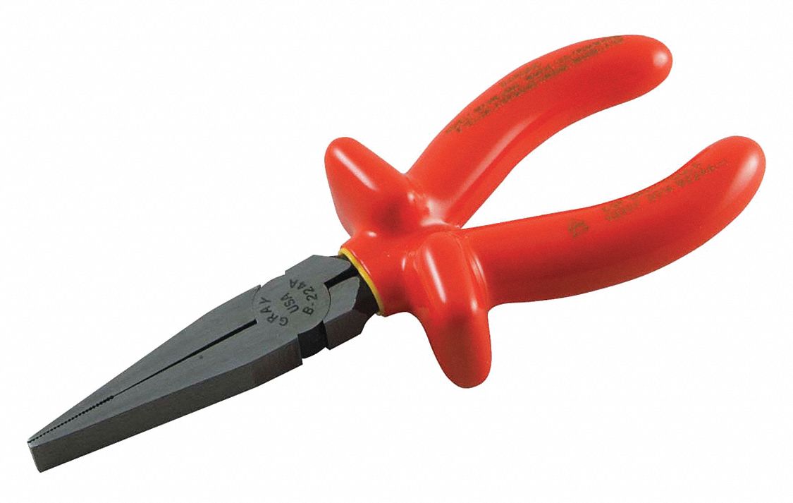 FLAT NOSE PLIERS, INSULATED, 1000 V, ORANGE/YELLOW, 6 1/2 IN LENGTH, 2 X 11/32 IN JAW, VINYL/STEEL