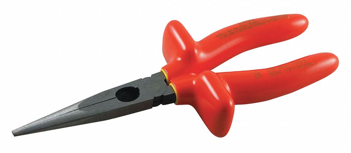 LONG NOSE PLIERS, INSULATED, 1000 V, ORANGE/YELLOW, 6 1/2 IN LENGTH, 2 X 21/32 IN JAW, VINYL/STEEL