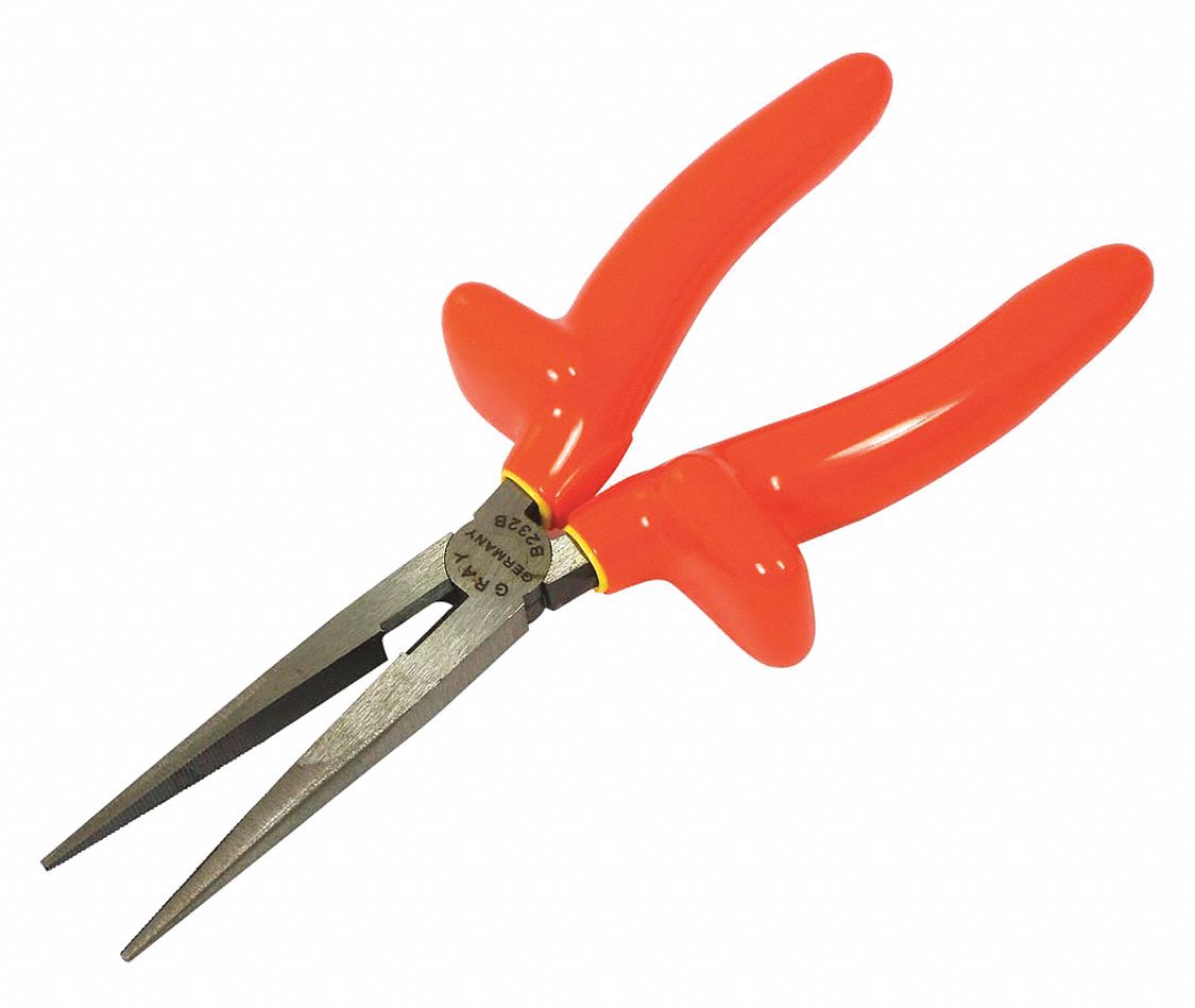 LONG NOSE PLIERS, INSULATED, 1000 V, ORANGE/YELLOW, 8 IN LENGTH, 2 3/4 X 21/32 IN JAW, VINYL/STEEL