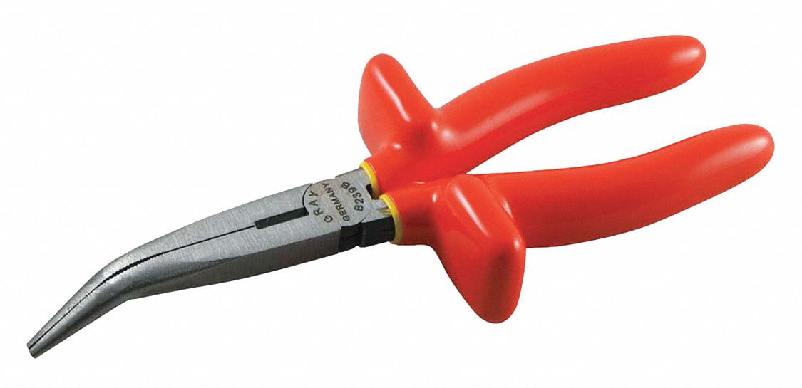 BENT NOSE PLIERS, INSULATED, 1000 V, ORANGE/YELLOW, 6 1/2 IN LENGTH, 2 X 3/16 IN JAW, VINYL/STEEL