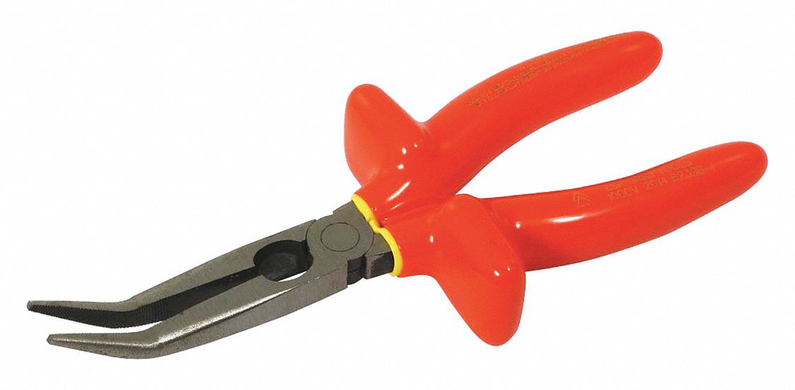 BENT NOSE PLIERS, INSULATED, 1000 V, ORANGE/YELLOW, 8 IN LENGTH, 2 3/4 X 3/16 IN JAW, VINYL/STEEL