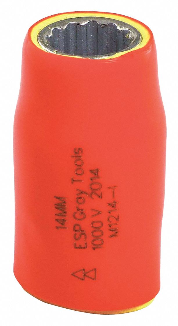 SOCKET, SQUARE, 6 PT, 2 LAYER INSULATION, ORANGE/YELLOW, 14 MM X 1/2 IN DRIVE, STEEL