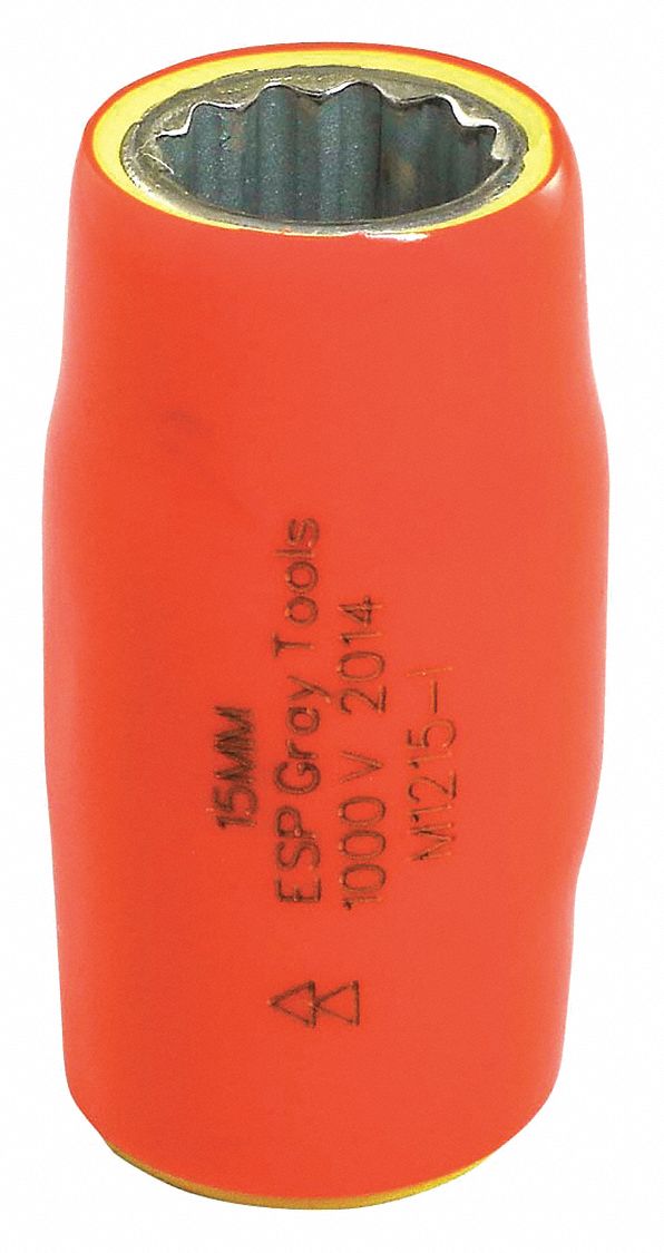 SOCKET, SQUARE, 6 PT, 2 LAYER INSULATION, ORANGE/YELLOW, 15 MM X 1/2 IN DRIVE, STEEL