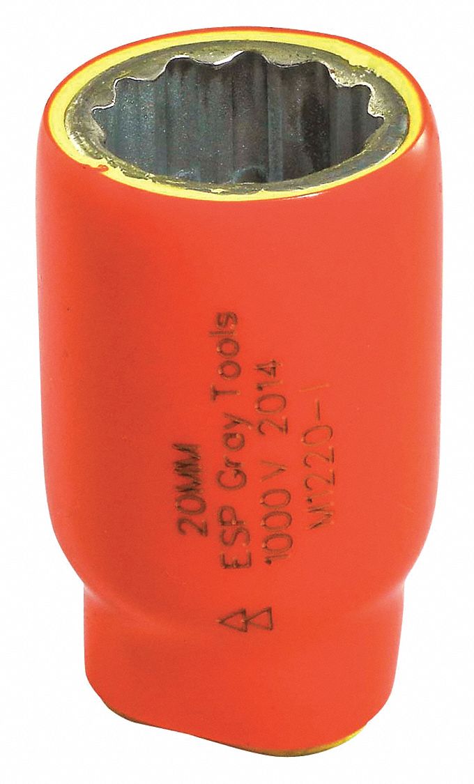 SOCKET, SQUARE, 6 PT, 2 LAYER INSULATION, ORANGE/YELLOW, 20 MM X 1/2 IN DRIVE, STEEL