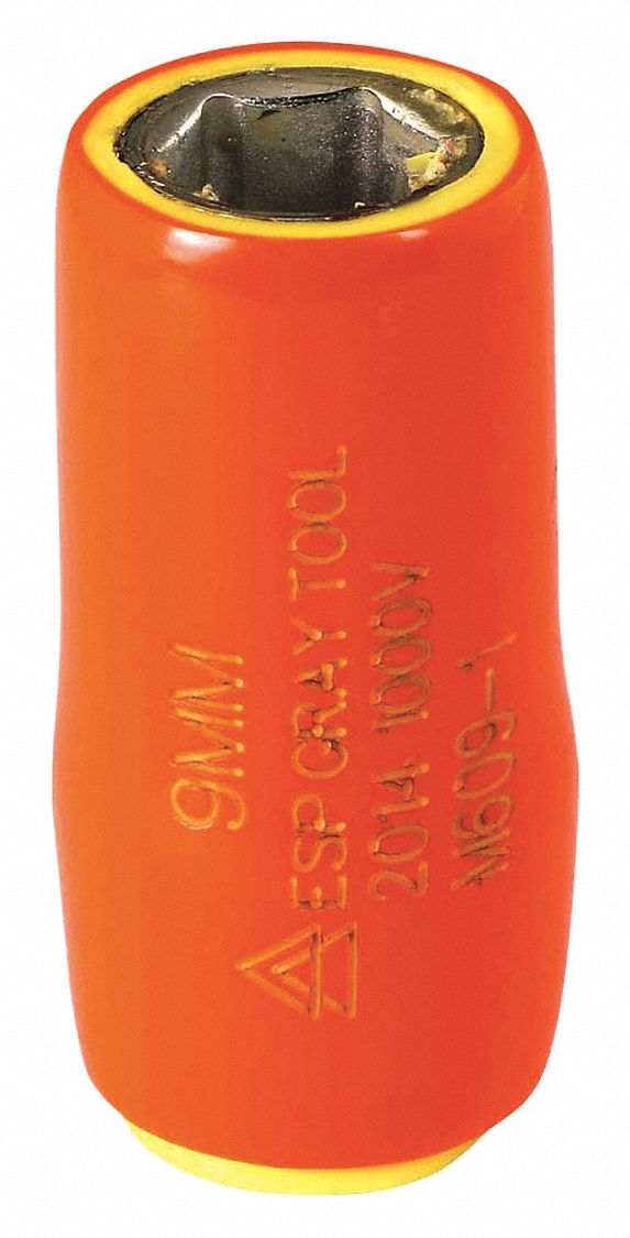 SOCKET, SQUARE, 6 PT, 2 LAYER INSULATION, ORANGE/YELLOW, 9 MM X 1/4 IN DRIVE, STEEL
