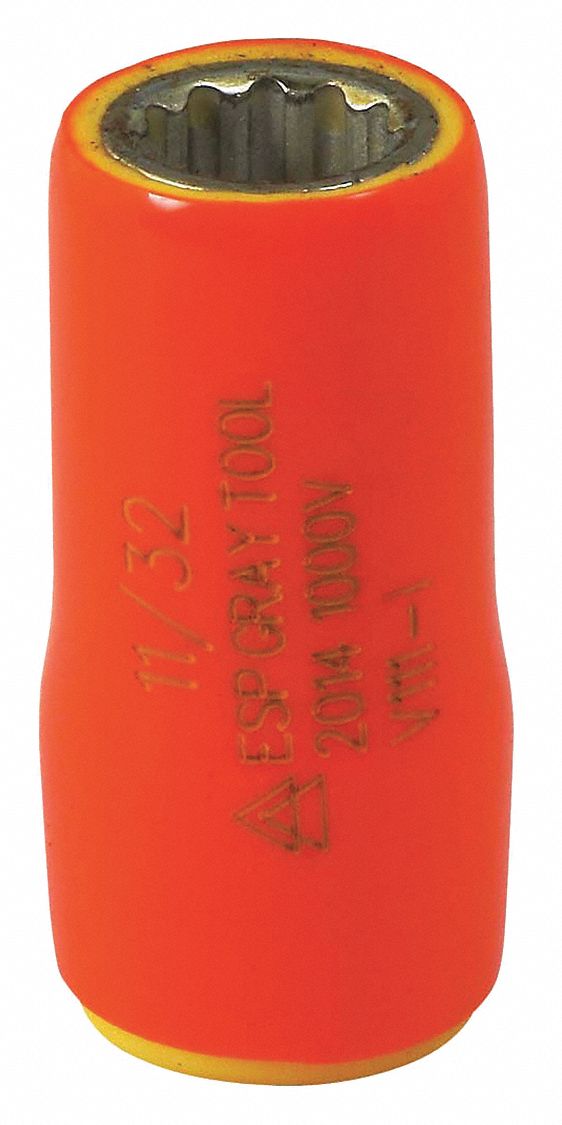 SOCKET, SQUARE, 6 PT, 2 LAYER INSULATION, ORANGE/YELLOW, 11/32 X 1/4 IN DRIVE, STEEL
