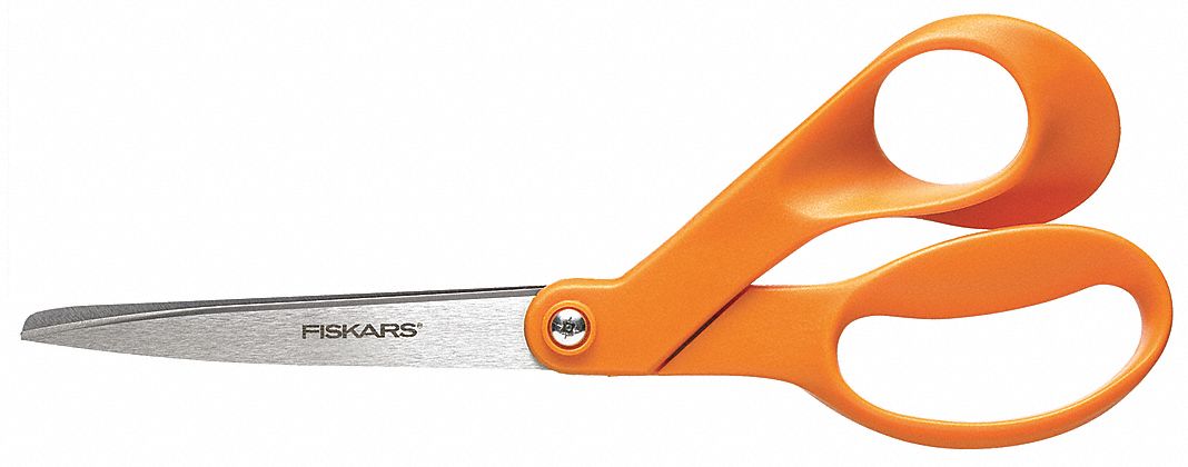 SCISSORS, AMBIDEXTROUS, 8 IN OVERALL L, STRAIGHT, STAINLESS STEEL, POINTED, ORANGE
