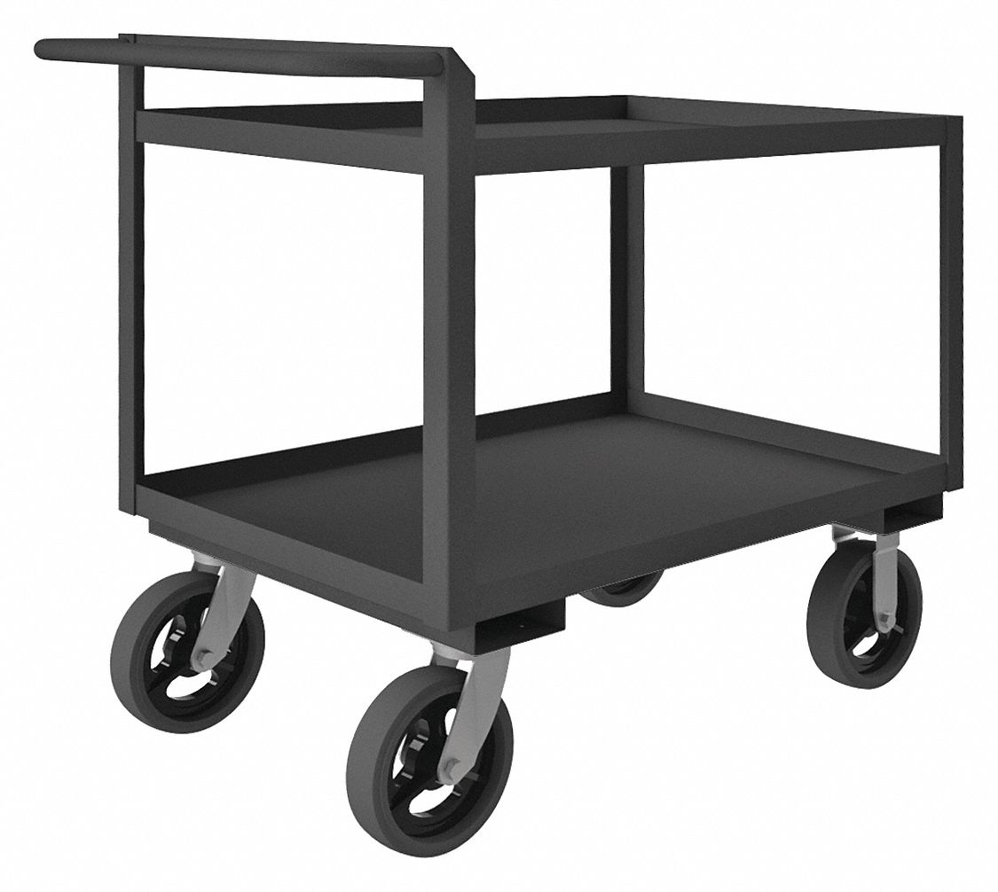 Utility Cart with Lipped Metal Shelves: 2, 400 lb Load Capacity, 36 in x 24 in, Flat