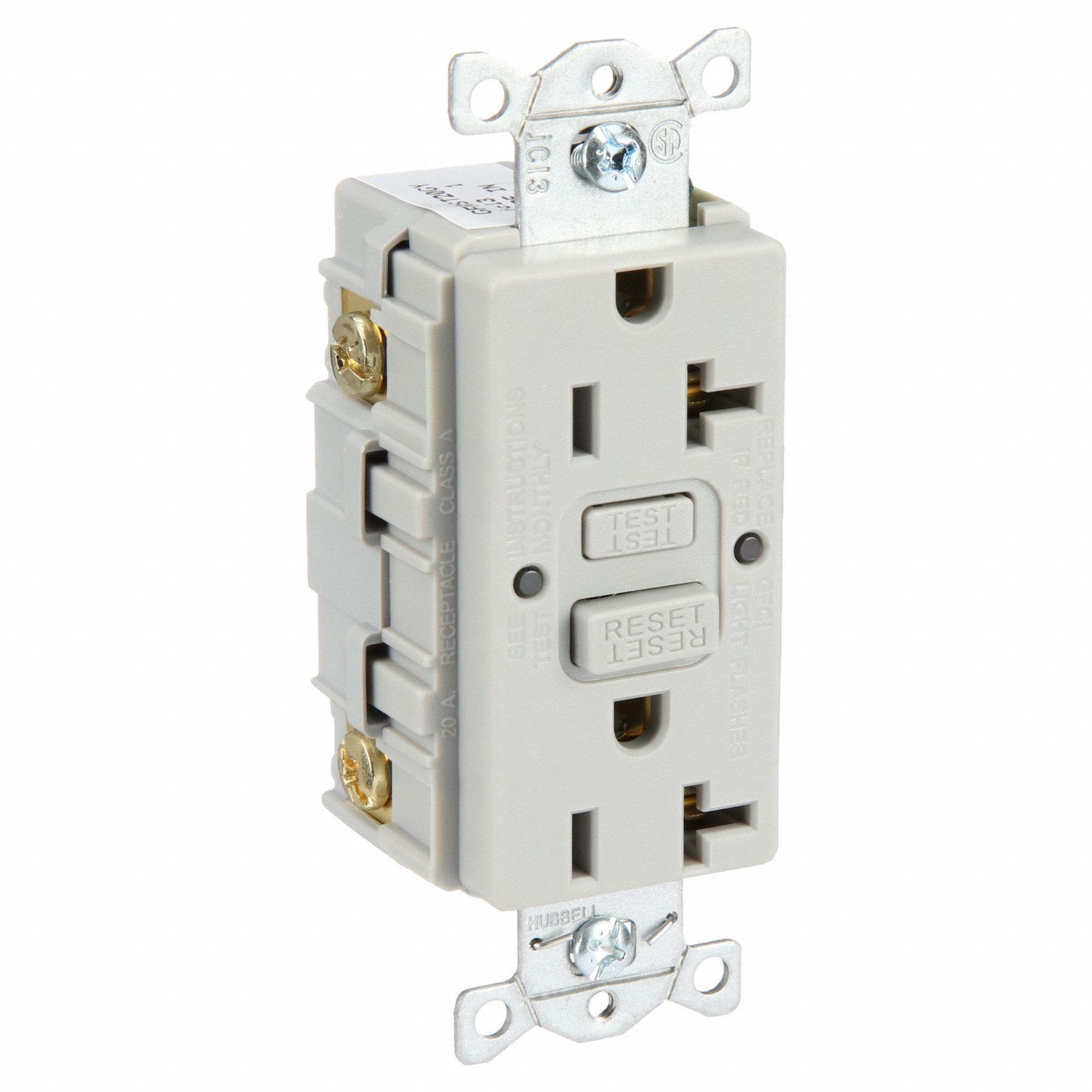 GFCI Receptacle: Duplex, 5-20R, 125V AC, 20 A, Gray, 2 Pole / 3 Wire, Screw Terminals