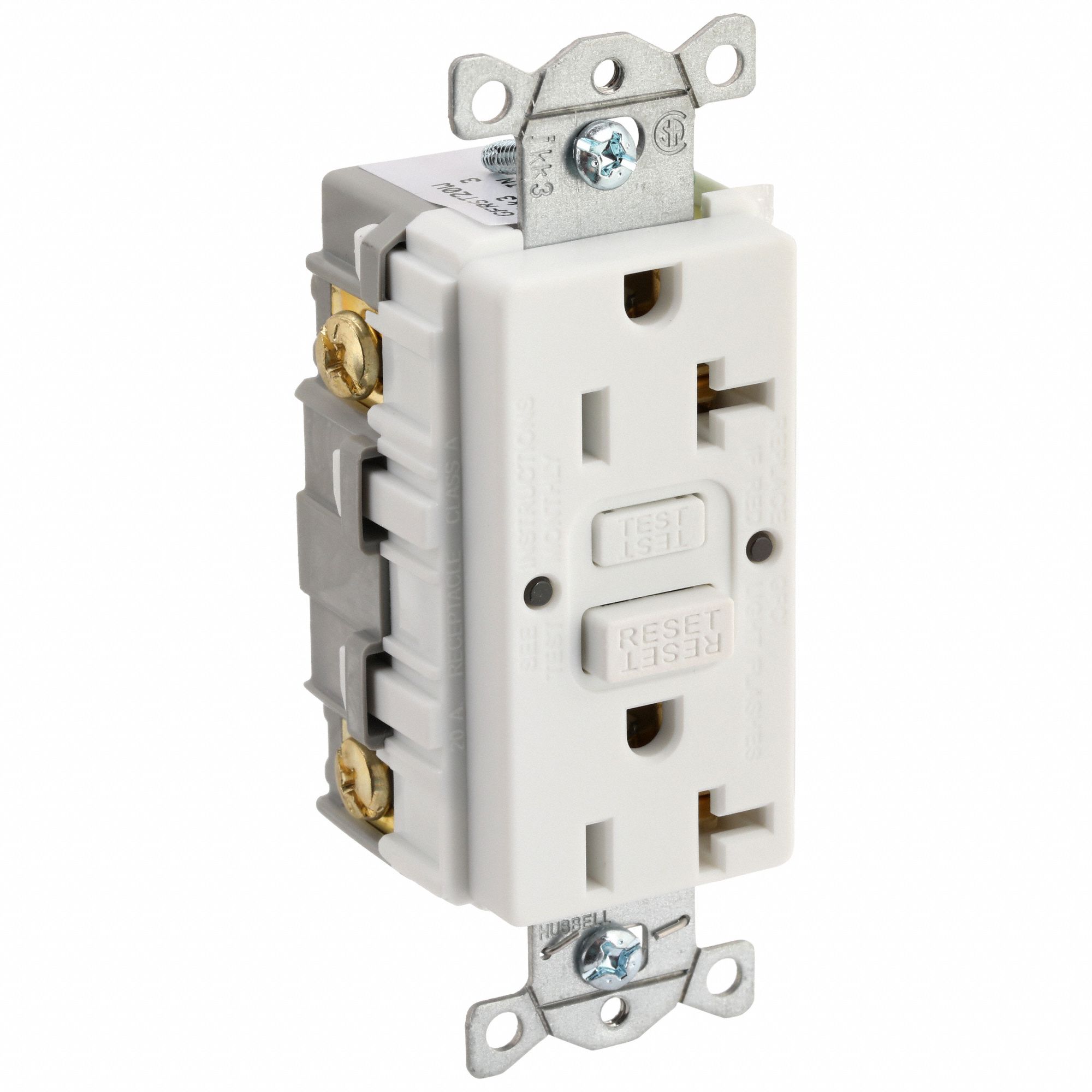 GFCI RECEPTACLE, DUPLEX, 5-20R, 125V AC, 20 A, WHITE, 2 POLE/3 WIRE, SCREW TERMINALS