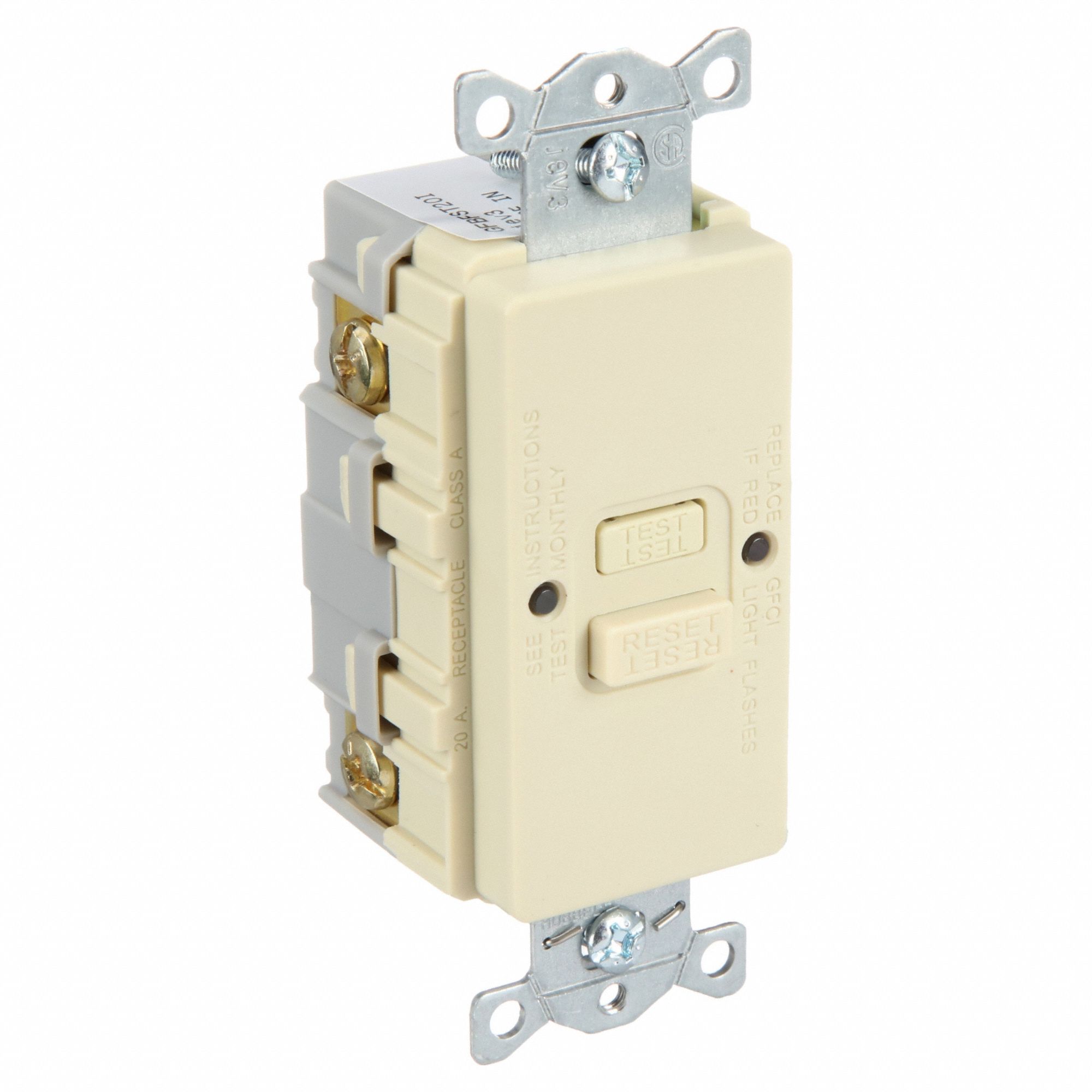 GFCI Receptacle: 20 A, 125V AC, Ivory, 2 Poles, Auto Reset Type