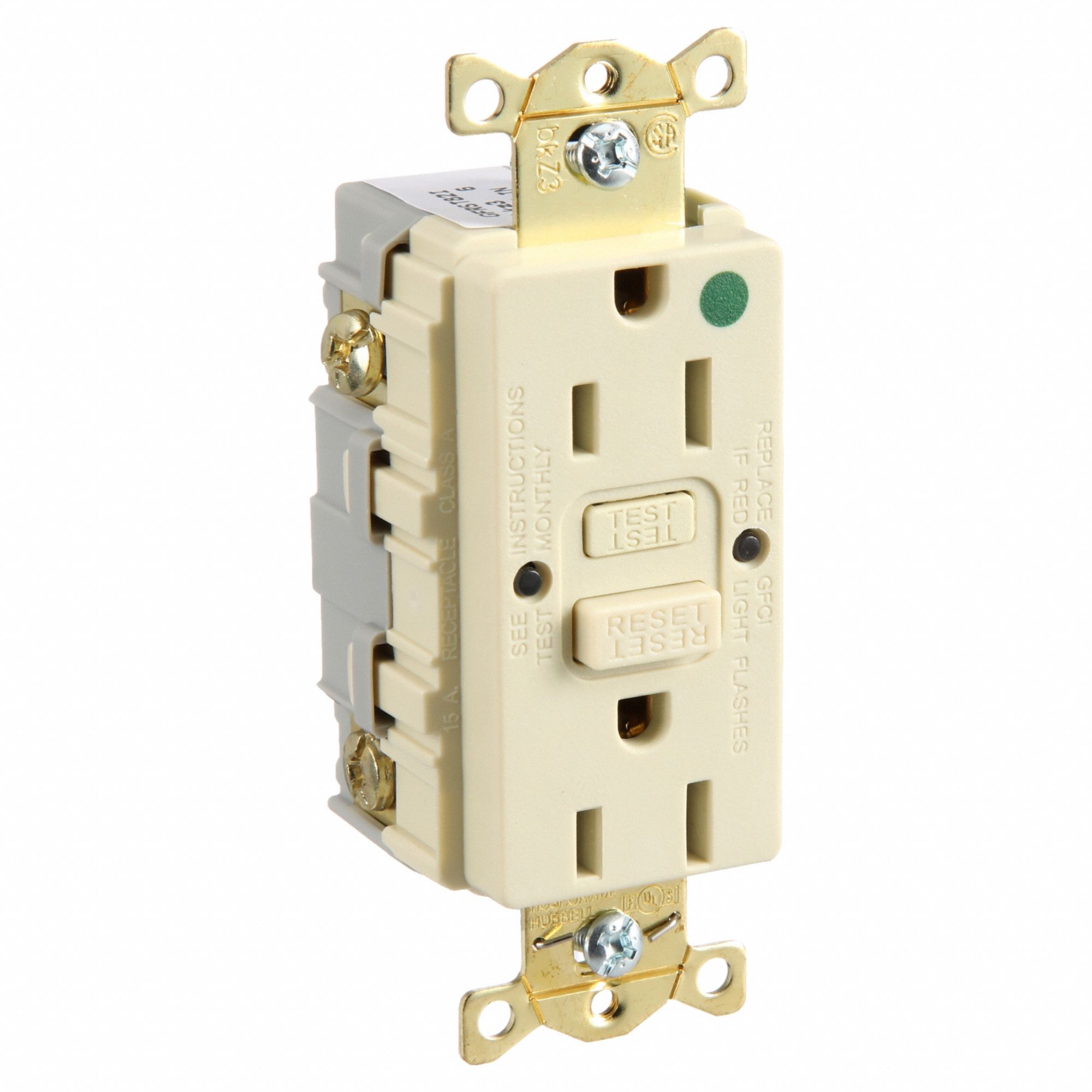 GFCI Receptacle: Duplex, 5-15R, 15 A, 125V AC, Ivory, 2 Pole / 3 Wire Poles & Wires