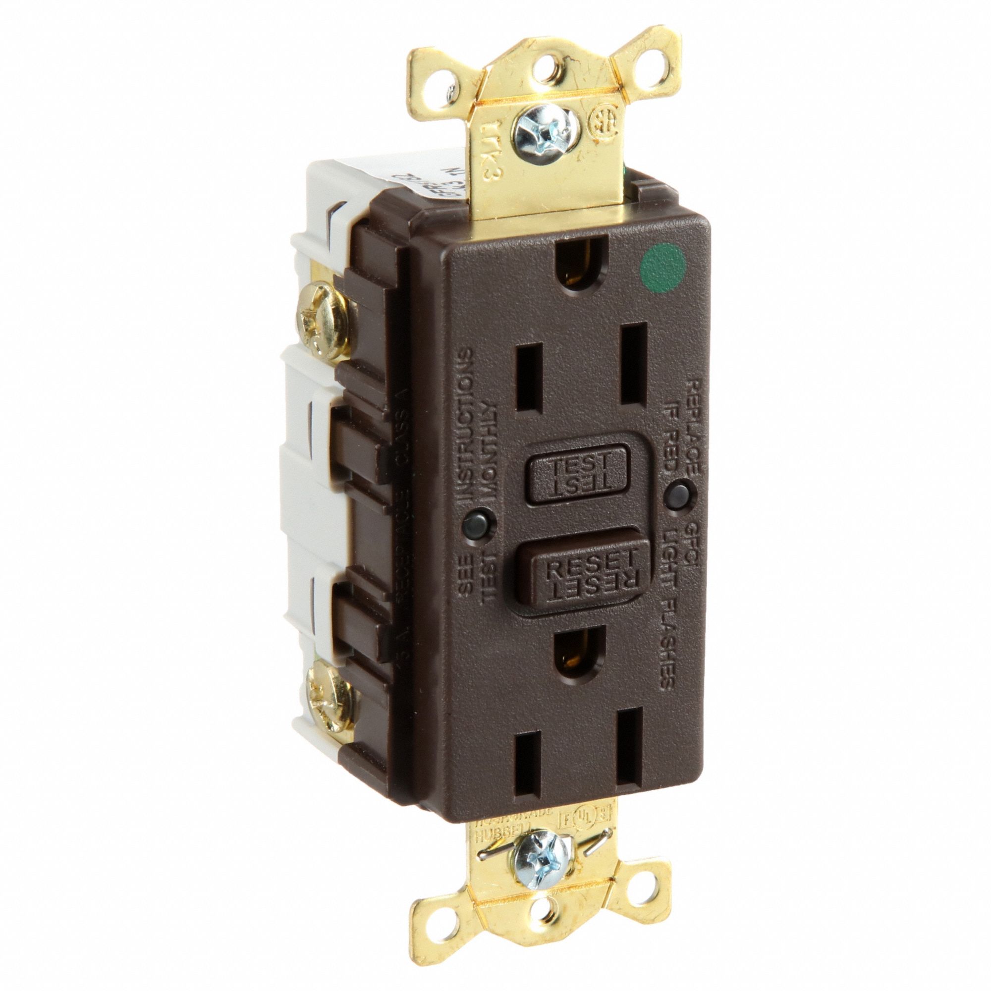 GFCI Receptacle: Duplex, 5-15R, 15 A, 125V AC, Brown, 2 Pole / 3 Wire Poles & Wires