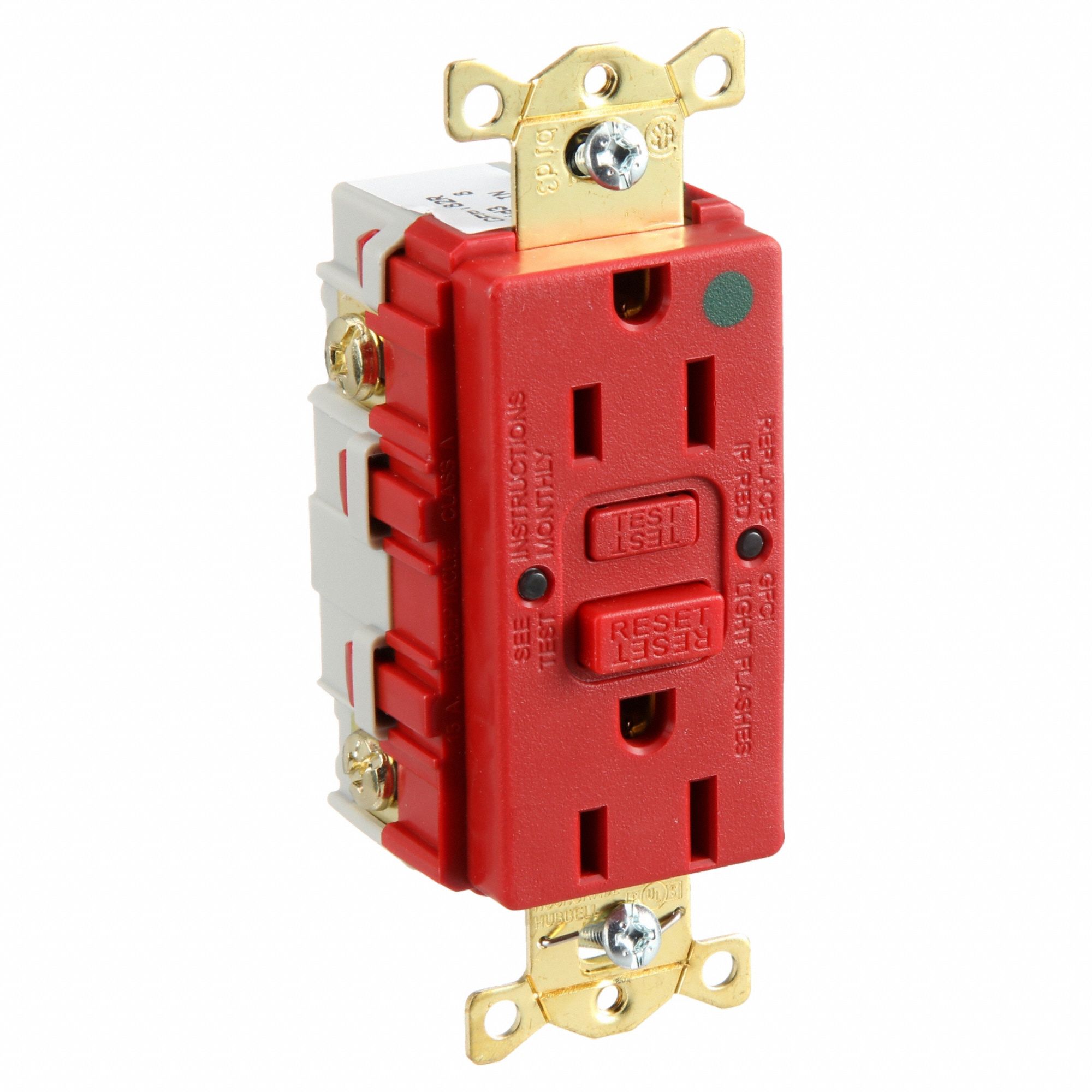 GFCI Receptacle: Duplex, 5-15R, 15 A, 125V AC, Red, 2 Pole / 3 Wire Poles & Wires