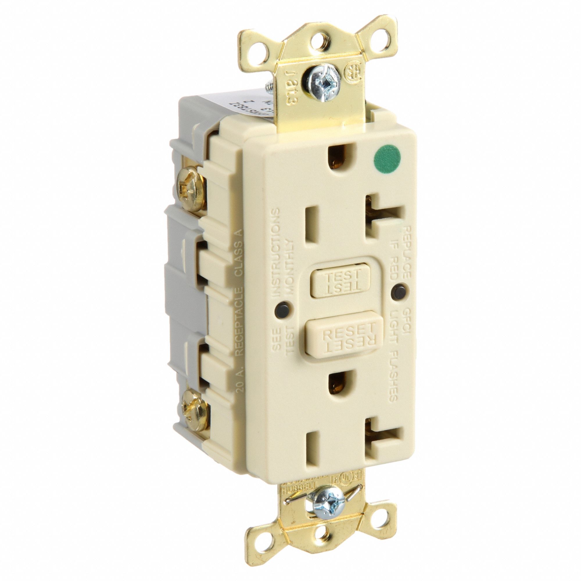 GFCI Receptacle: Duplex, 5-20R, 20 A, 125V AC, Ivory, 2 Pole / 3 Wire Poles & Wires