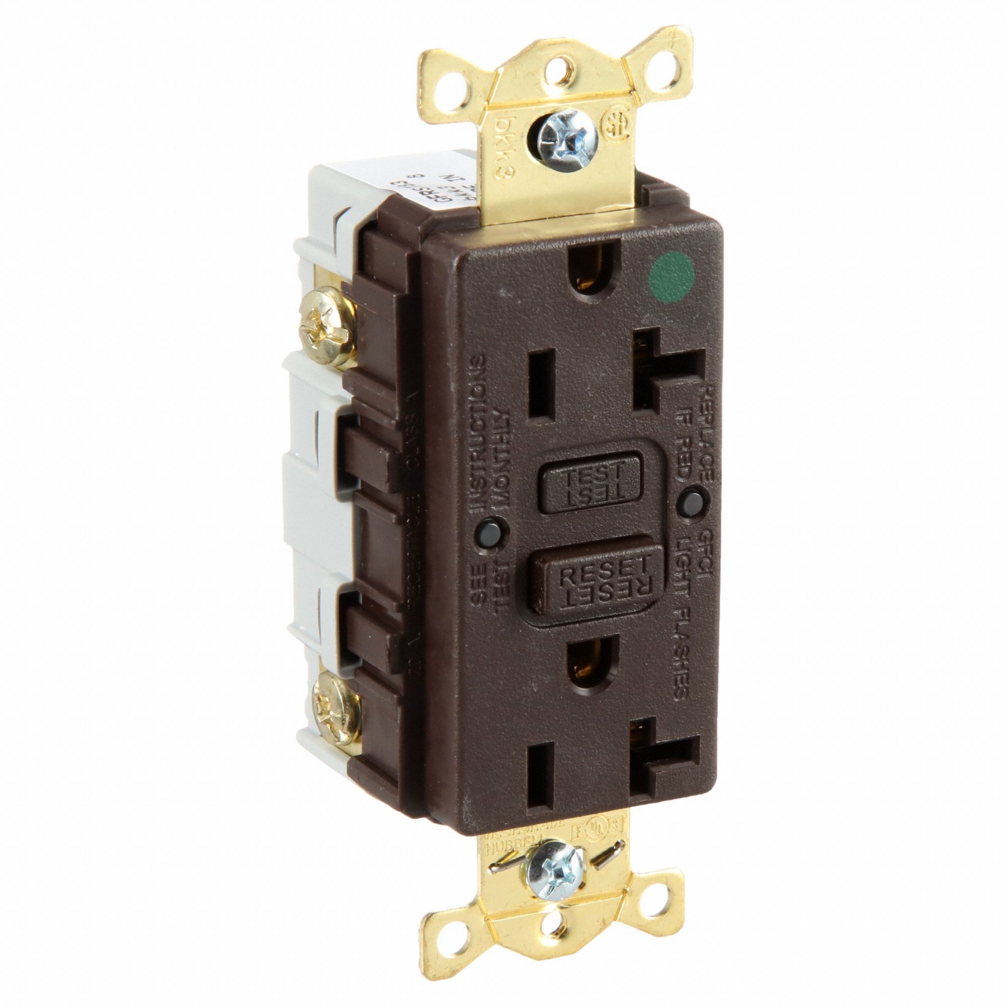 GFCI Receptacle: Duplex, 5-20R, 20 A, 125V AC, Brown, 2 Pole / 3 Wire Poles & Wires